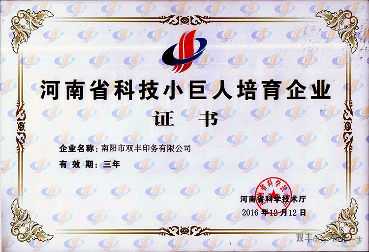 河南省科技小巨人培育企業(yè)證書(shū)